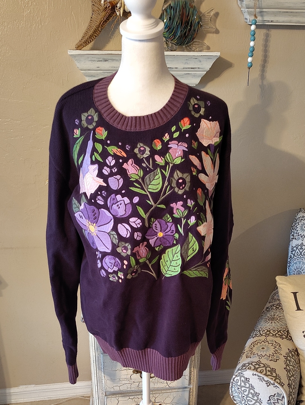Floral Embroidered Grandma Core Crewneck Sweater - Purple